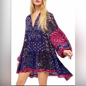Free People Women’s Oversized Shibori Artsy Boho Printed Tunis Dress‎ Size Small
